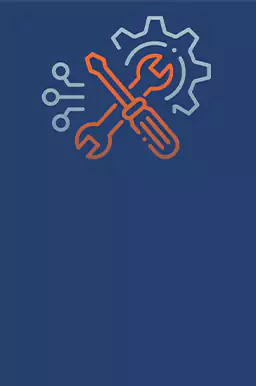 Blauwe achtergrond met oranje sleutel en schroevendraaier met grijs tandwiel
